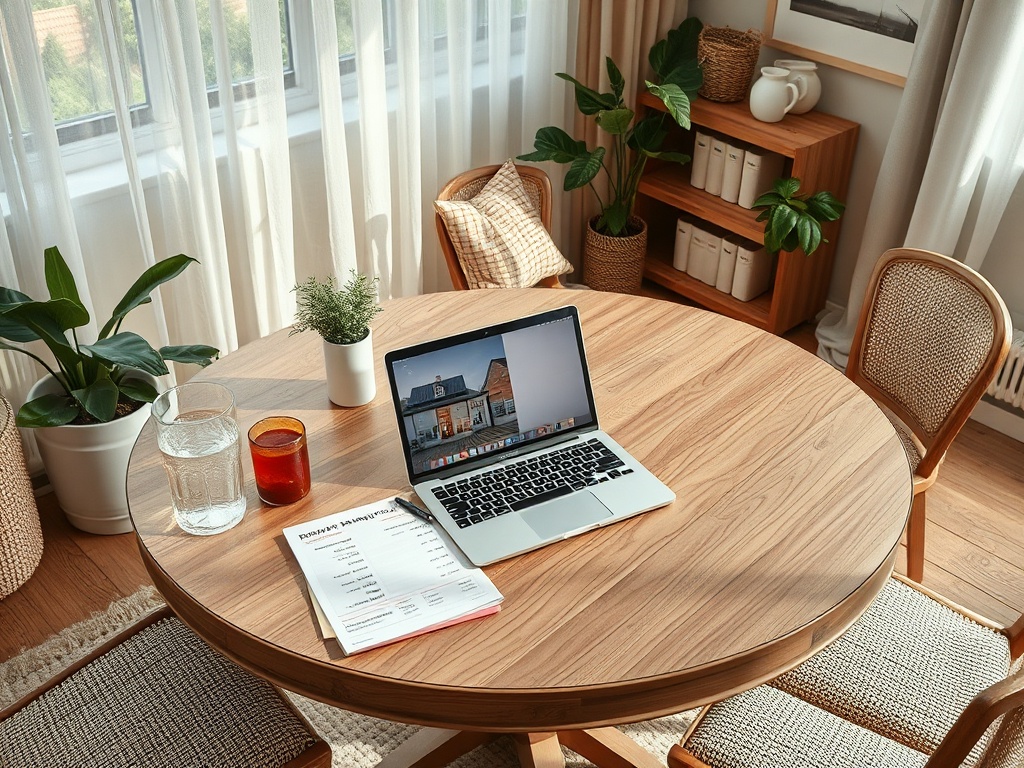 На столе стоит ноутбук, стакан воды и сок, рядом растения и книжный шкаф. Интерьер светлый и уютный.