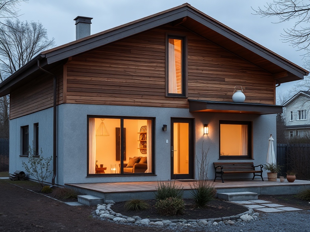 Современный дом с деревянным фасадом и уютным освещением, окруженный садом. Нежный вечерний свет.