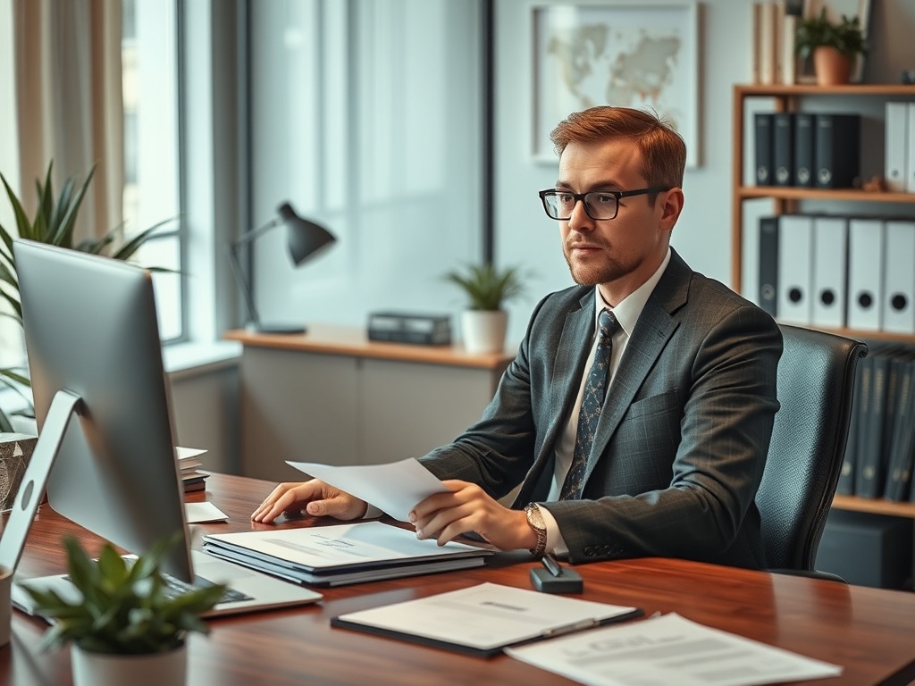 Мужчина в строгом костюме сидит за столом в офисе, держит документы и смотрит на экран компьютера.
