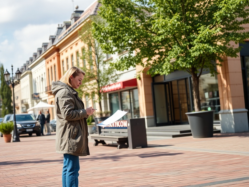 Женщина на улице смотрит на документы и держит их в руках, вокруг здания и деревья.