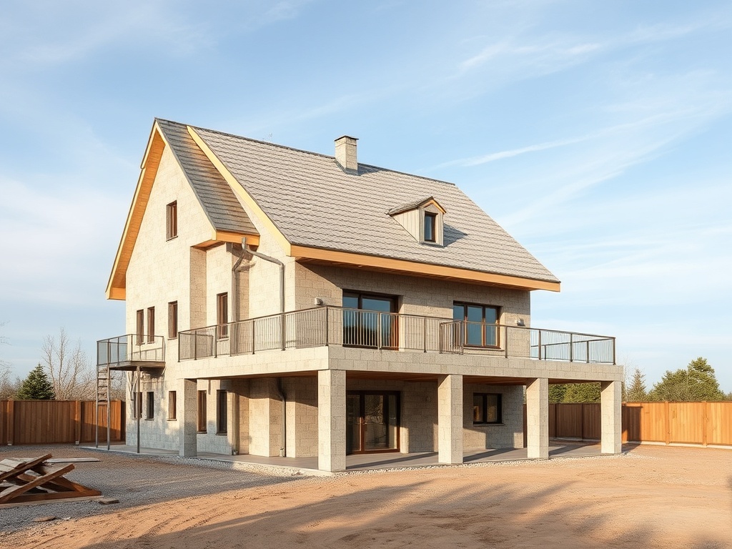 Дом с балконом и двускатной крышей, окруженный открытой площадкой и ограждением.