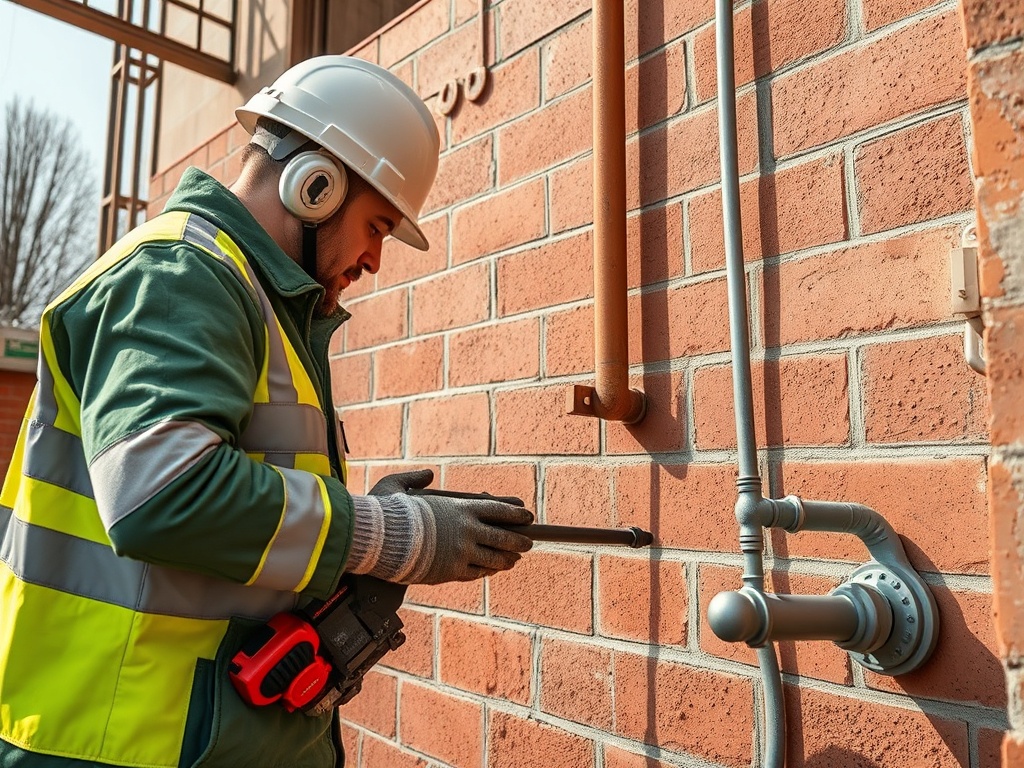 Рабочий в каске и наушниках измеряет стену с трубами с помощью инструмента на строительном объекте.