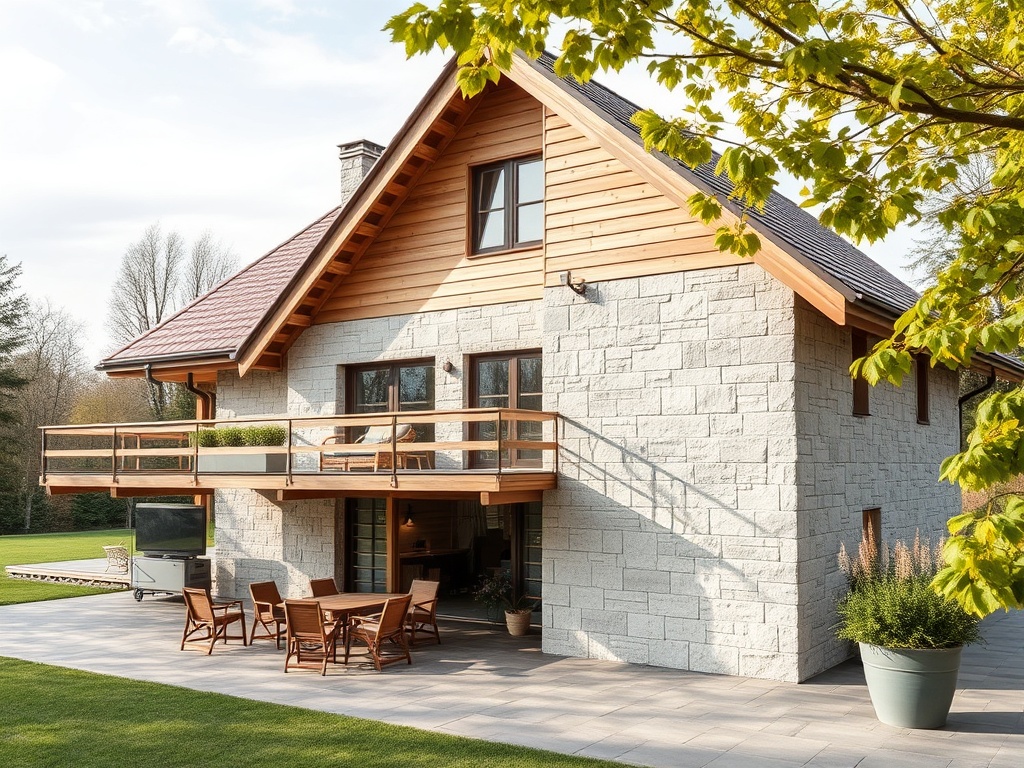 Современный дом с деревянными и каменными фасадами, окружённый зеленью и уютной террасой.