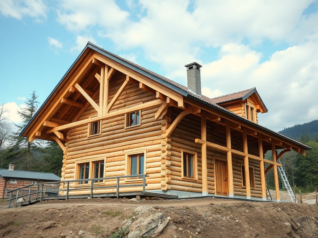 Деревянный дом в окружении природы с красивой архитектурой и большой террасой. Киоск сзади.