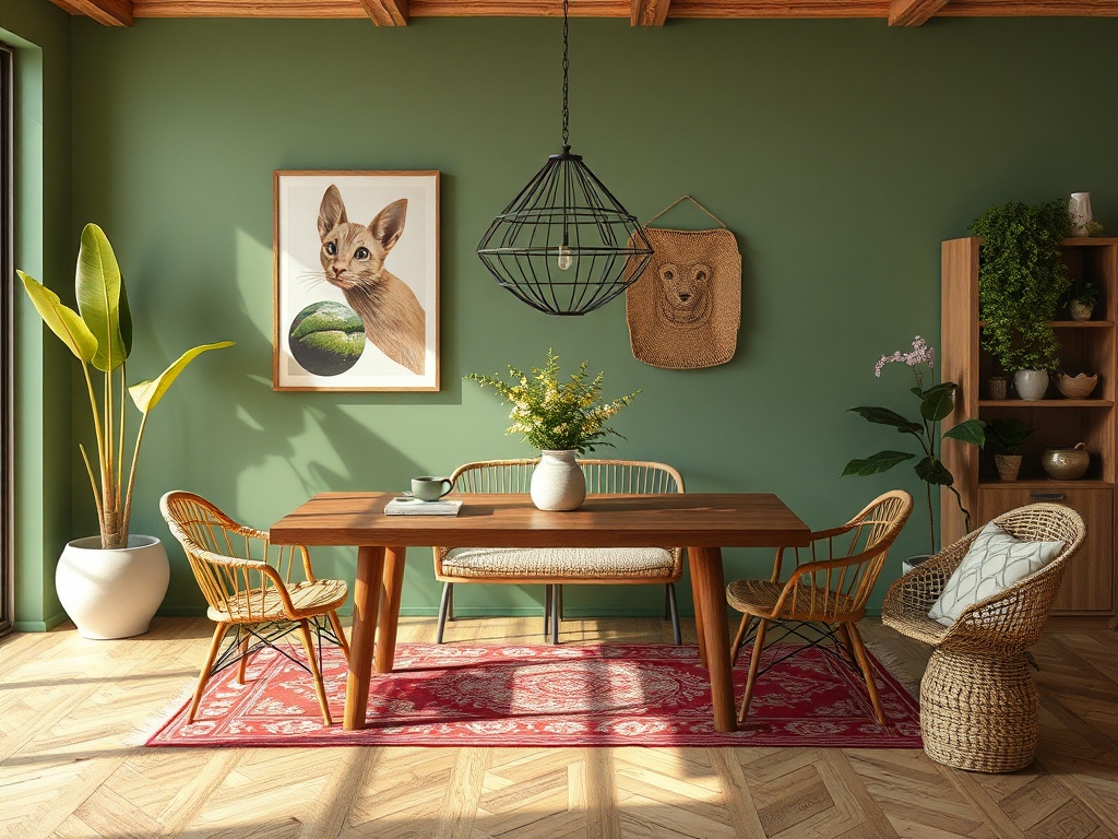 Современный обеденный уголок с зелеными стенами, деревянным столом и уютными стульями, украшенный растениями.