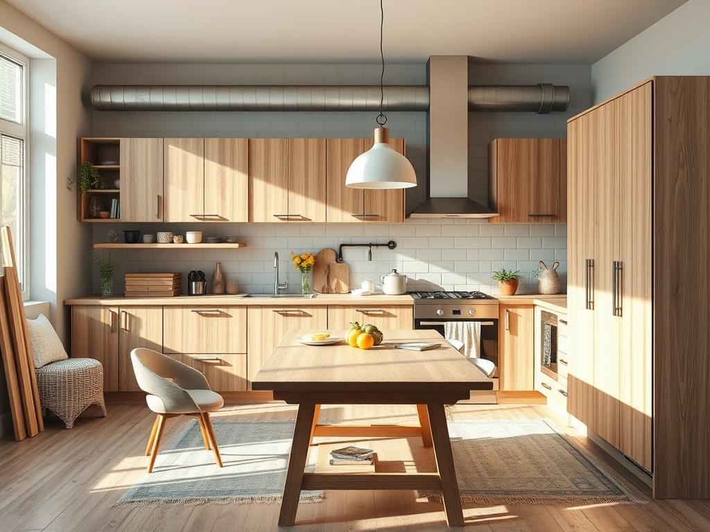 Современная кухня с деревянными шкафами, столом и уютным уголком для отдыха. Светлое и просторное пространство.