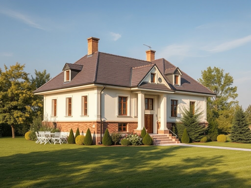 Современный загородный дом с зелёным газоном и террасой, окружённый деревьями и кустарниками.