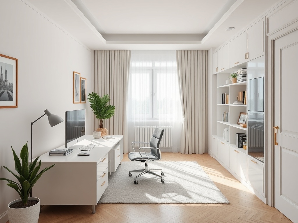 Минималистичный офис с рабочим столом, креслом, растением и книжными полками у окна с мягким светом.