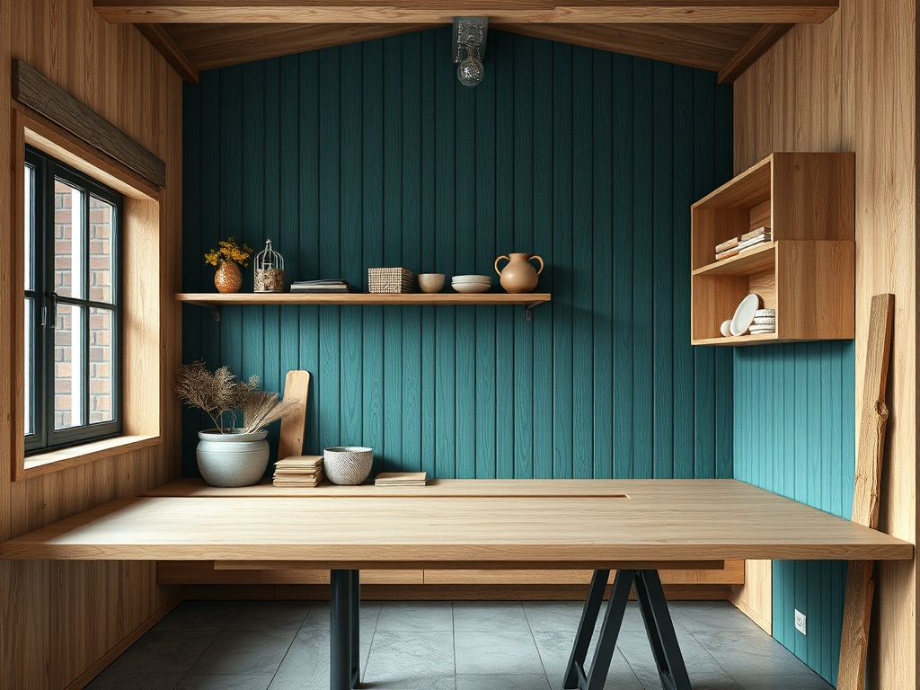 Современный кабинет с деревянными стенами, синей стеной и мебелью из дерева и металлическими элементами.