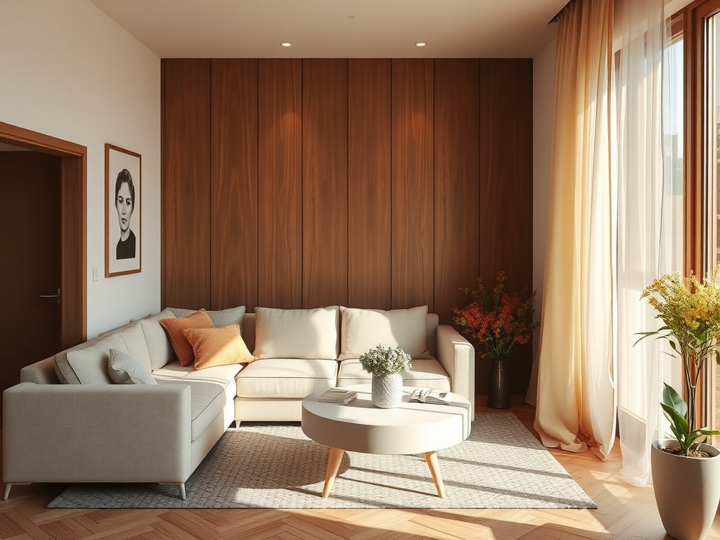 Современная гостиная с деревянной стеной, уютным диваном и цветами у окна, пропускающим свет.