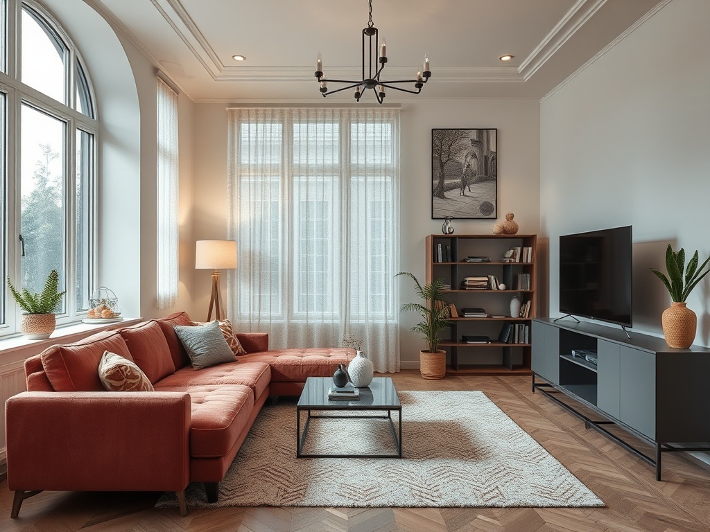 Современный стильный интерьер гостиной с уютным диваном и большой窗窗, освещенной мягким светом.