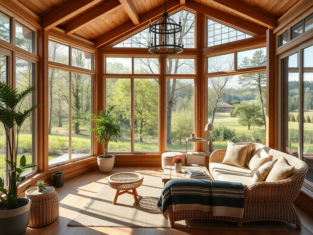 Светлая комната с большими окнами, растениями и уютной мебелью, выходящей на зеленый пейзаж.