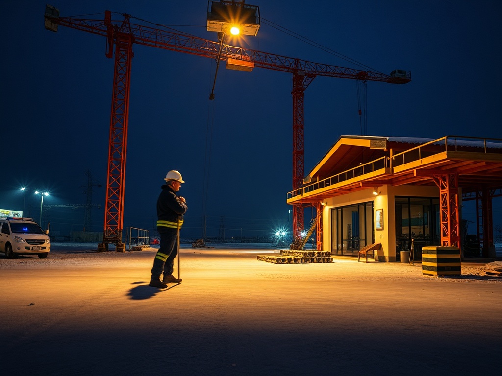 Рабочий в каске стоит на снежной площадке рядом с кранами и строительным офисом в ночное время.