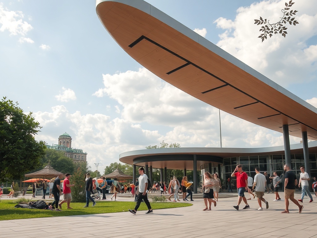 Люди гуляют по парку, наслаждаясь солнечным днем и современным архитектурным пространством.