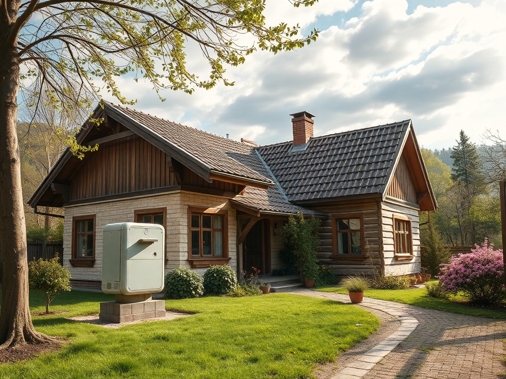 Современный дом с красивым участком, ухоженной травой и деревьями на фоне живописного пейзажа.