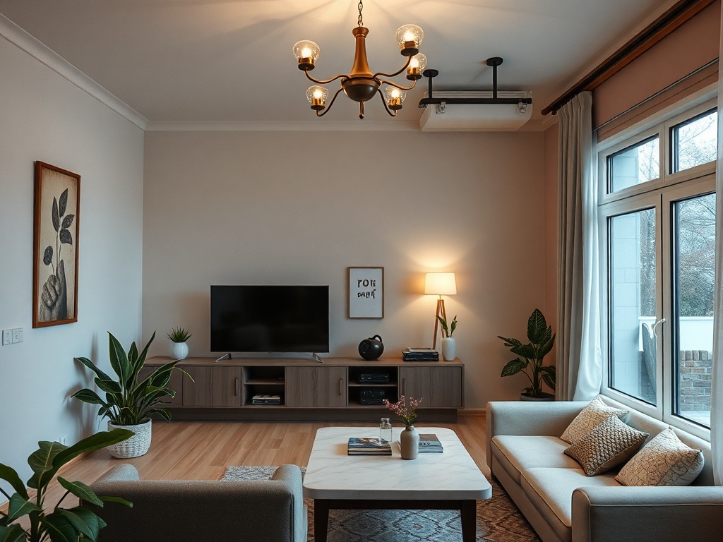 Светлая гостиная с диваном, телевизором, растениями и большим окном, создающая уютную атмосферу.
