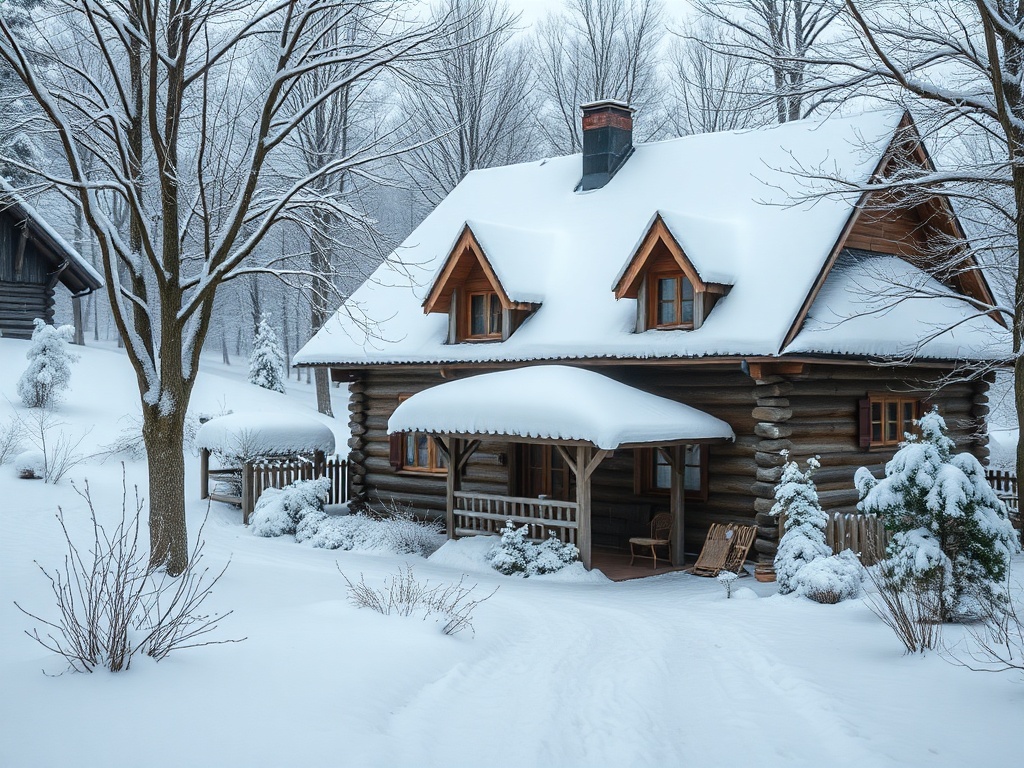Снежный зимний пейзаж с деревянным домом, заснеженными деревьями и уютной атмосферой.