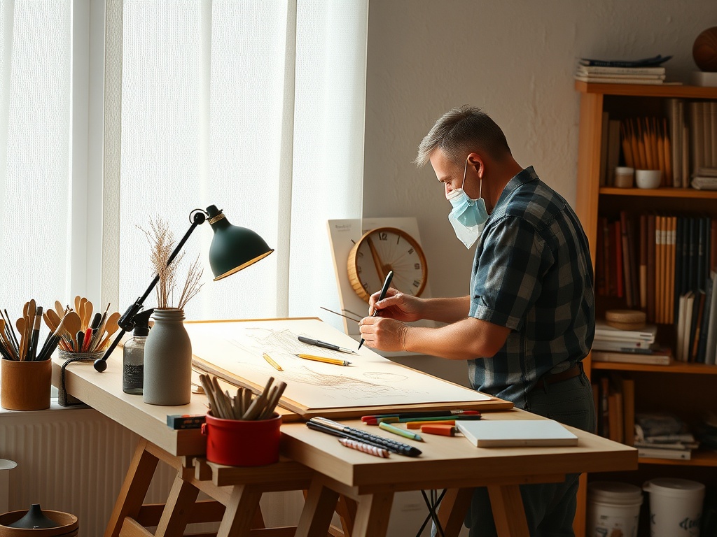 Мужчина в маске рисует на столе, окруженный художественными принадлежностями и книгами. Светло и уютно.