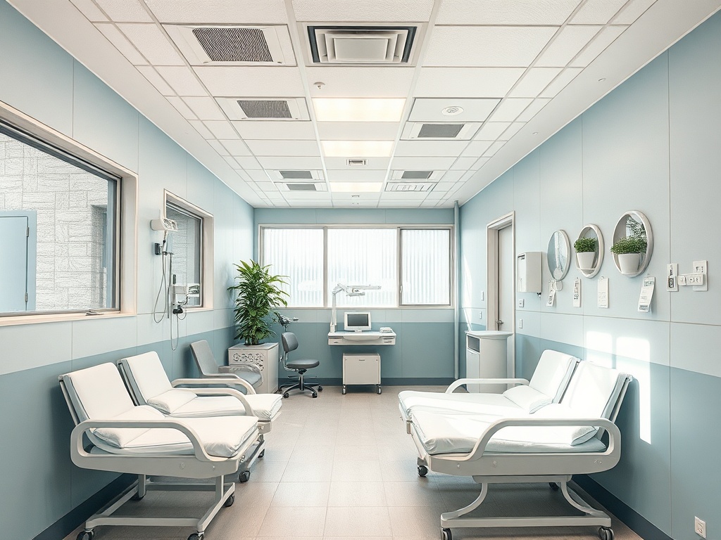 Современный медицинский кабинет с двумя койками, растением и медицинским оборудованием.