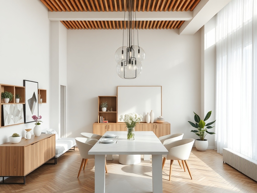 Светлая столовая с деревянными полами, современными стульями и вазами с цветами на столе и полках.