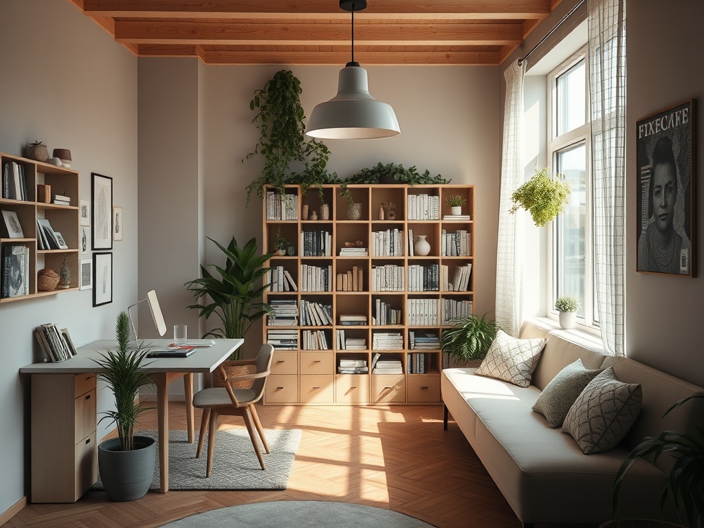 Светлая комната с книжным шкафом, рабочим столом и уютным диваном, окружённая зелеными растениями.