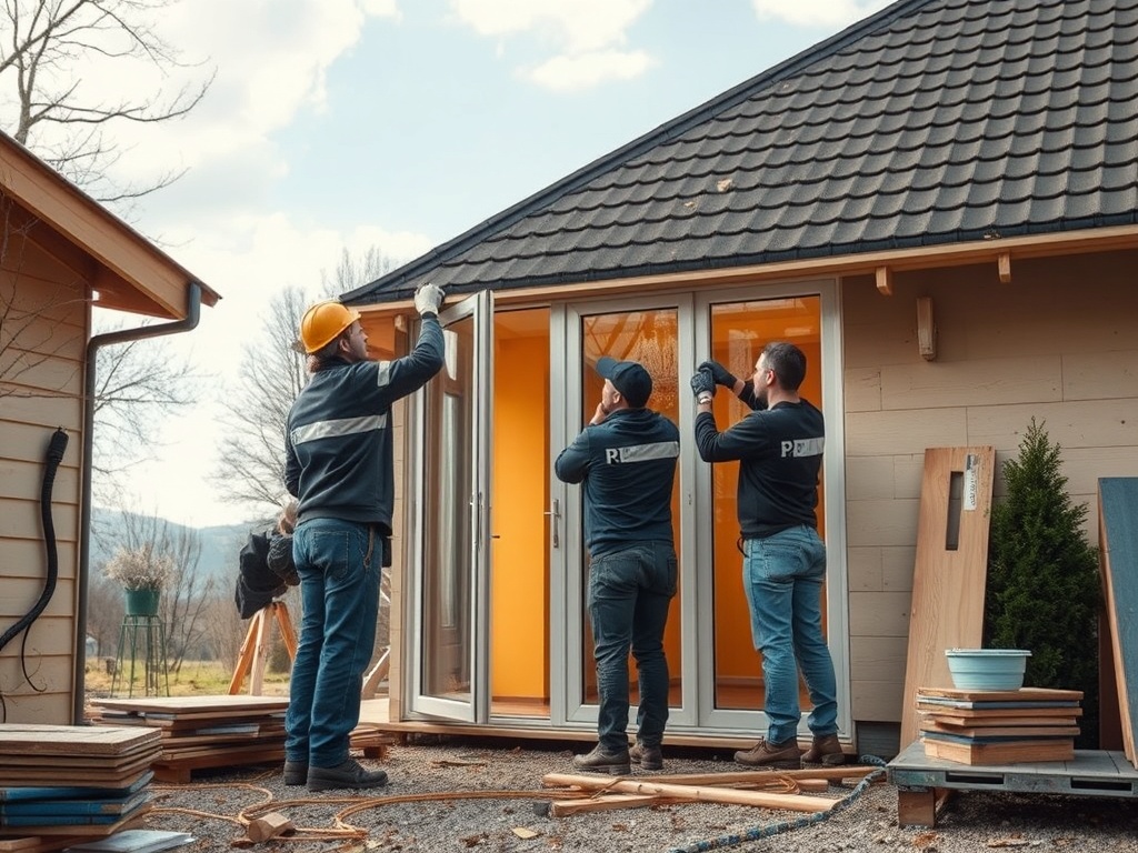 Рабочие устанавливают двери в загородном доме в солнечный день, окруженные строительными материалами.