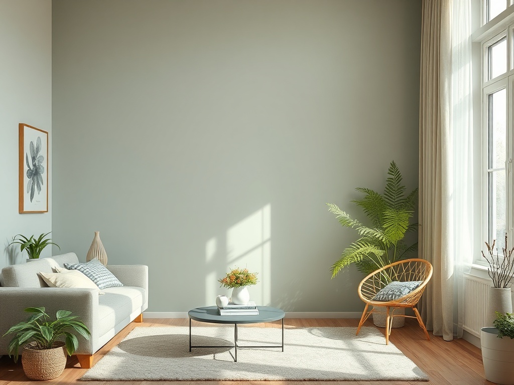 Современный светлый интерьер с диваном, круглым столом и растениями на фоне стены с окном.