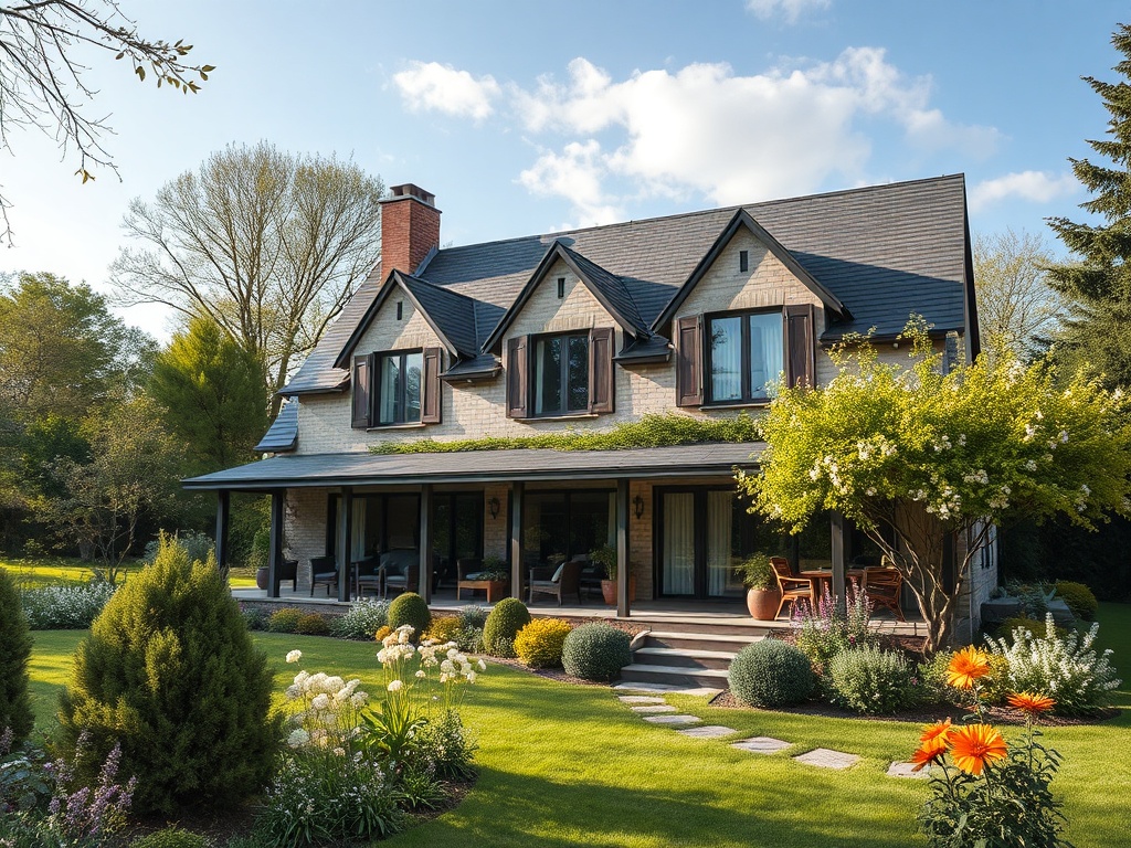 Красивая загородная вилла с зеленым садом и веранды, окруженная деревьями и цветами.