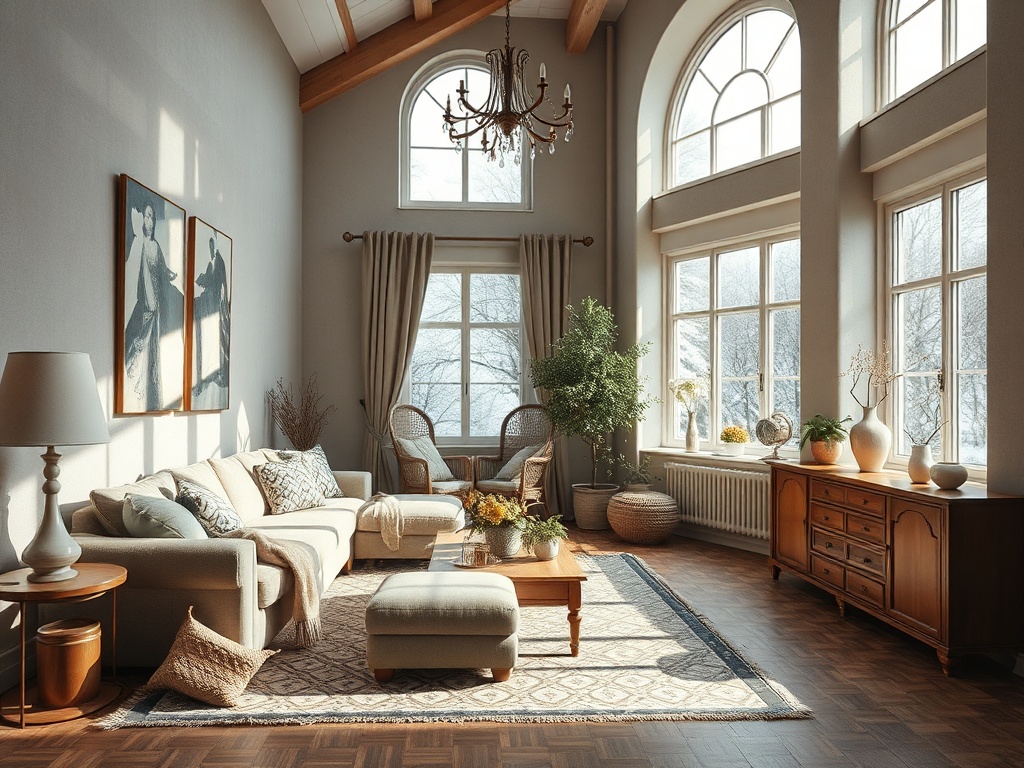 Светлая гостиная с большими окнами, уютной мебелью и растениями, создающая атмосферу уюта и комфорта.