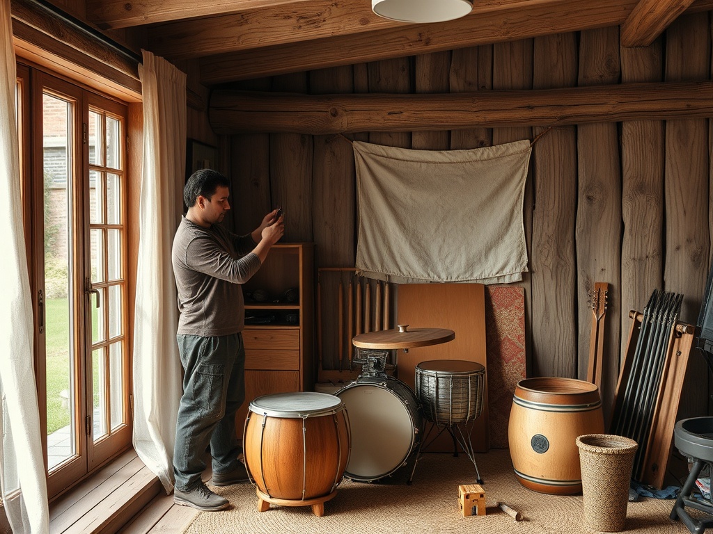 Мужчина фотографирует барабаны в комнате с деревянными стенами и светлыми шторами.