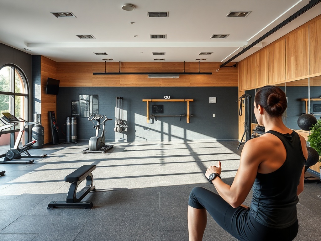 Современный спортзал с закатным светом, тренажерами и женщиной, готовящейся к тренировке.