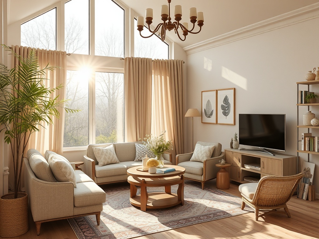 Светлая гостиная с большими окнами, удобной мебелью и зелеными растениями. Уютная атмосфера и стильный декор.