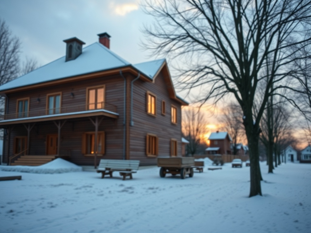 Зимний пейзаж с деревянным домом, окруженным снежной территорией и деревьями на фоне заката.