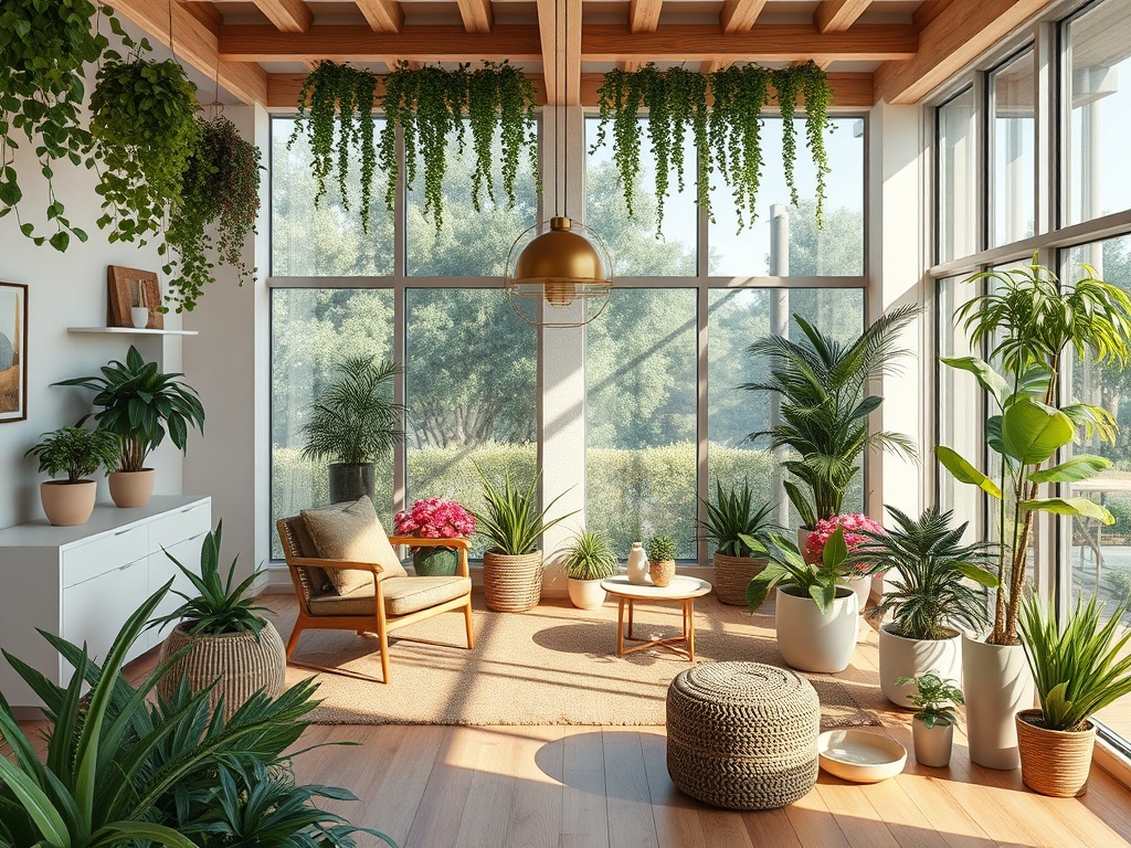 Светлая комната с большими окнами, зелеными растениями и уютной мебелью. Идеальное место для отдыха.