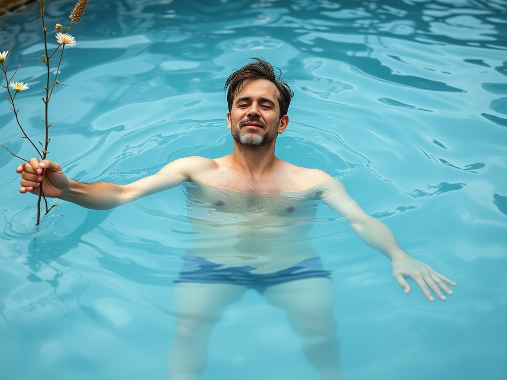 Мужчина плавает в голубой воде, держа цветы в руке и наслаждаясь спокойствием бассейна.