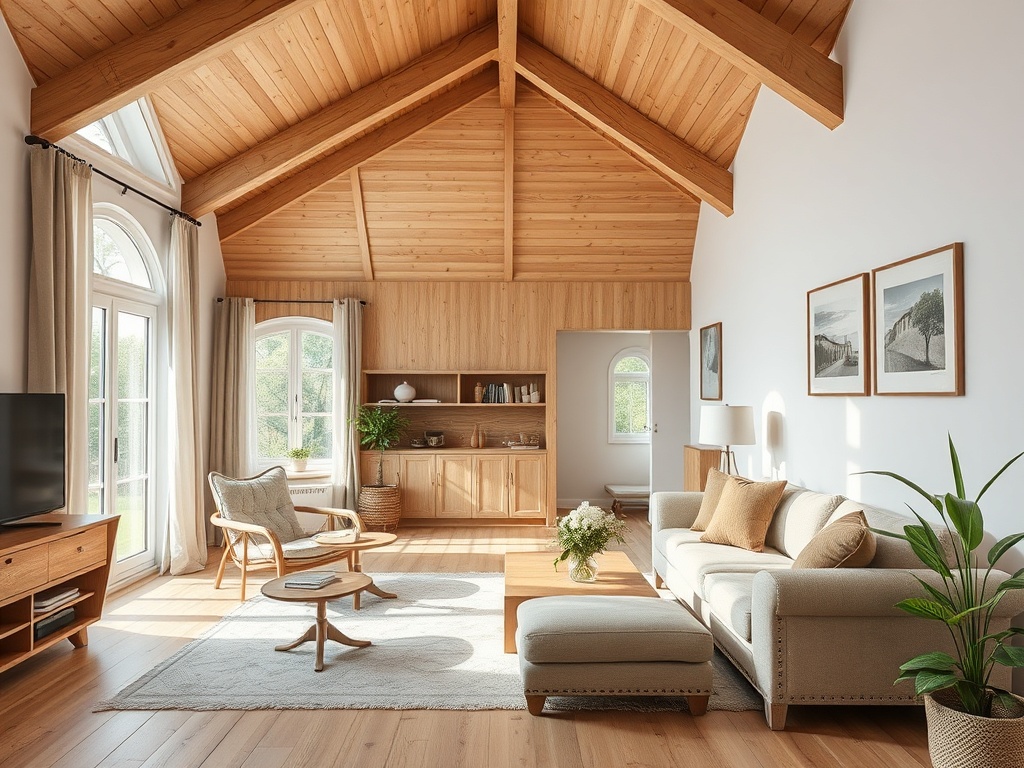 Светлая комната с деревянным потолком, мягкой мебелью и большими окнами, наполненная уютом и спокойствием.