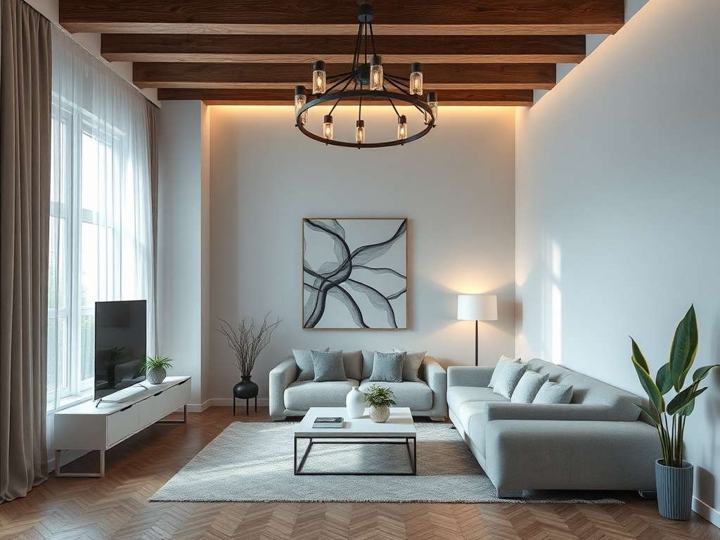 Современная гостиная с мягкой мебелью, телевизором, картиной и зелёным растением. Яркое освещение и деревянные балки.