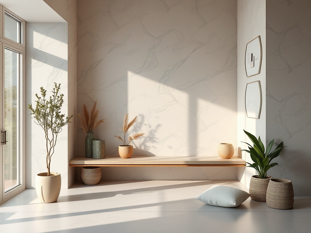 Светлое пространство с деревянной полкой, растениями в горшках и уютной подушкой на белом полу.