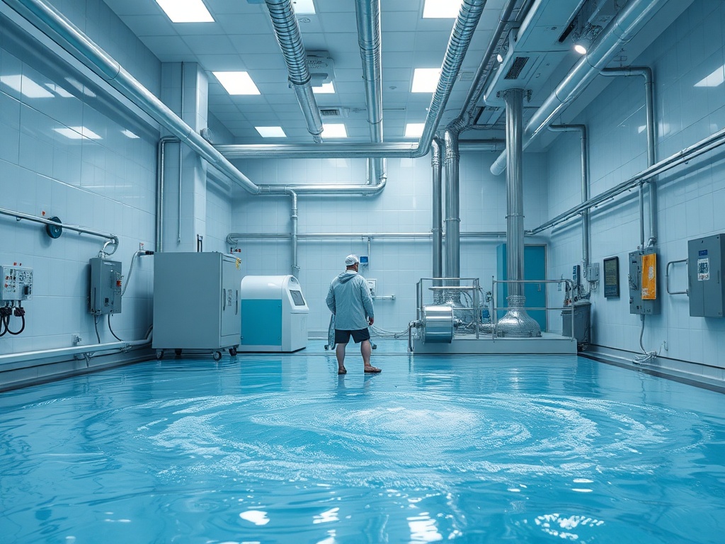 Человек стоит в помещении с водяным полом и светлым оборудованием вокруг.