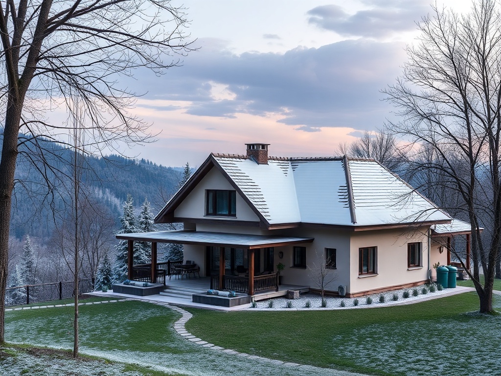Современный загородный дом на фоне зимнего пейзажа, окружённый деревьями и снежным покровом.