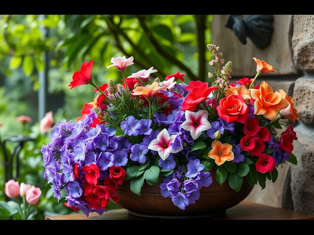 Яркий цветочный горшок с разноцветными цветами на фоне зелени и каменной стены.